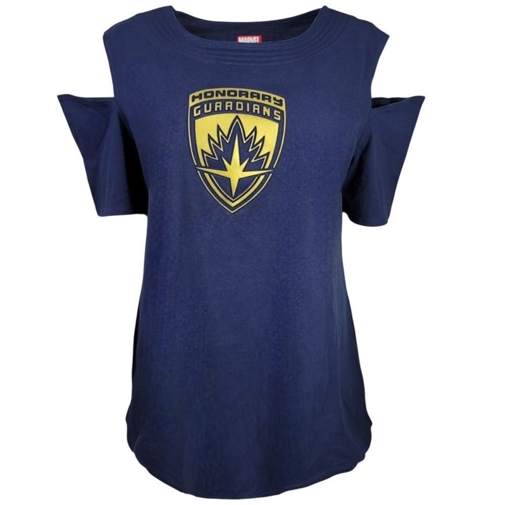 MarvelโNavy Blue and Gold Cold Shoulder Short Sleeve Tee